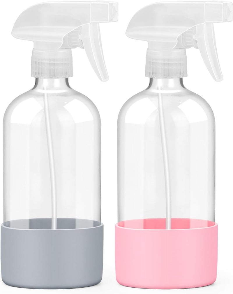 Worldgsb 2 Pack Glass Spray Bottles with Silicone Sleeve, 16 oz Empty Refillable Containers with Adjustable Spray Nozzles, Spray Bottles for Hair, Cleaning Solutions and Plants Pink&Grey - Image 1